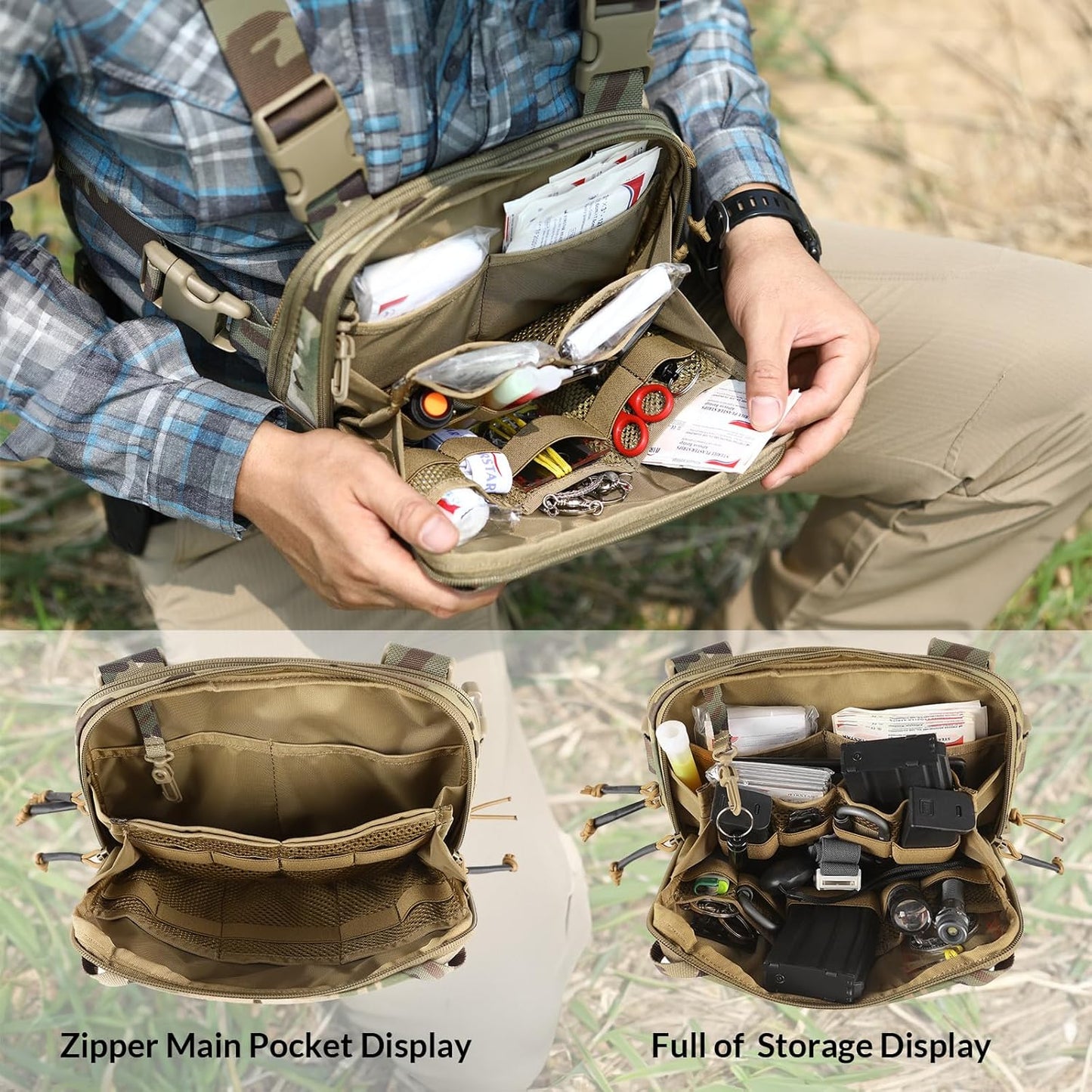 Person holding an open tactical pouch with various items, showing zipper main pocket and full storage views.
