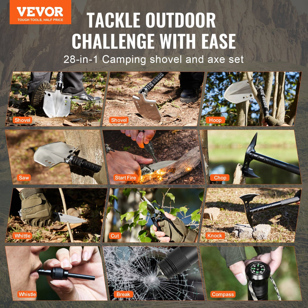 Survival Shovel Survival Axe 28-in-1 Camping Folding Shovels With Hatchet