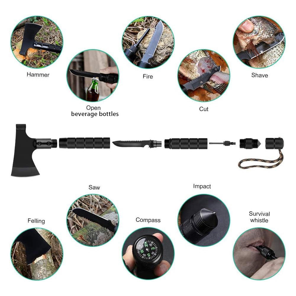 9-in-1 Portable Survival Axe, Multi-functional Tool For Jungle Camping, Tree Cutting, Hiking, Emergency, Outdoor Adventure, Backpacking, Bushcraft, And Wilderness Survival Gear