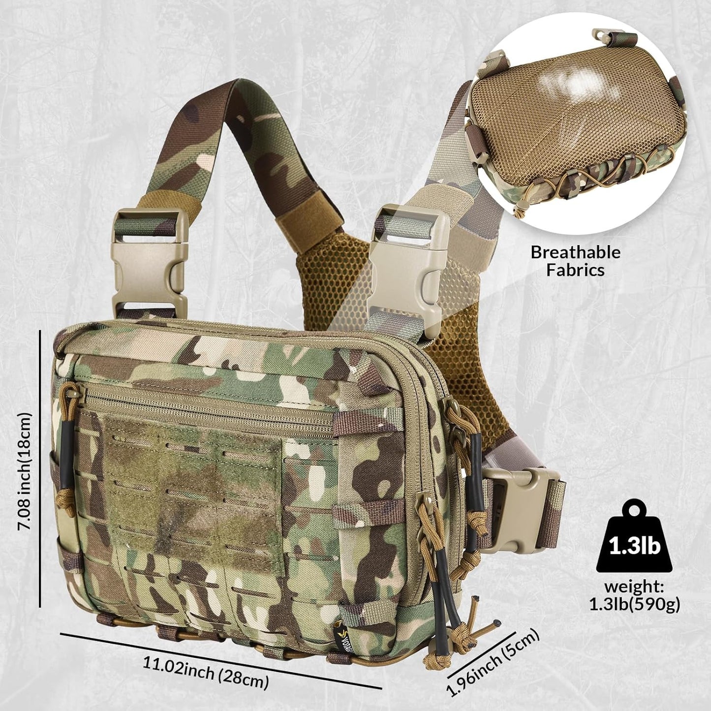 Camouflage tactical vest with measurements and weight information on a light gray background
