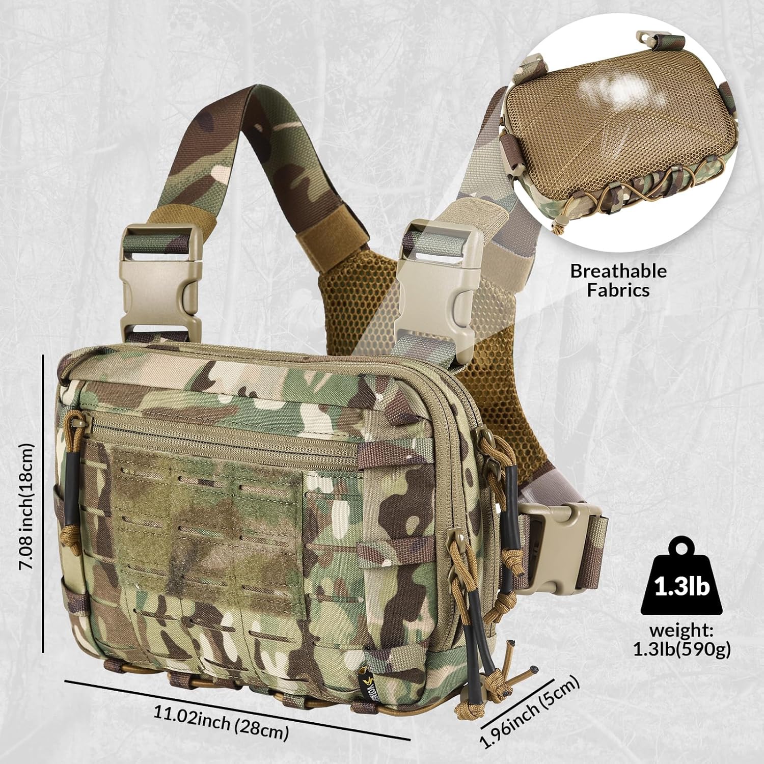 Camouflage tactical vest with measurements and weight information on a light gray background