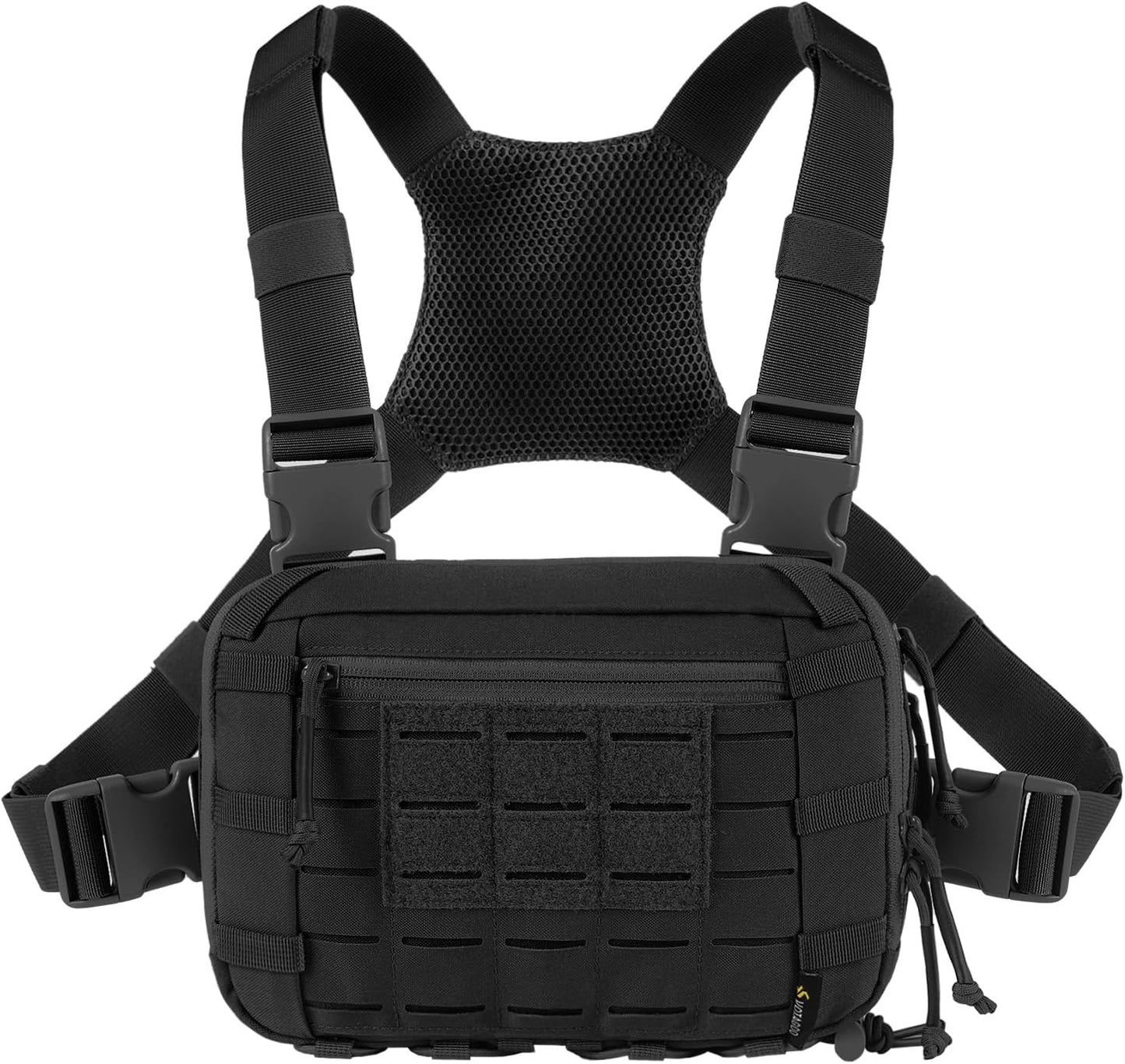 Black tactical vest with multiple pouches and straps on a white background
