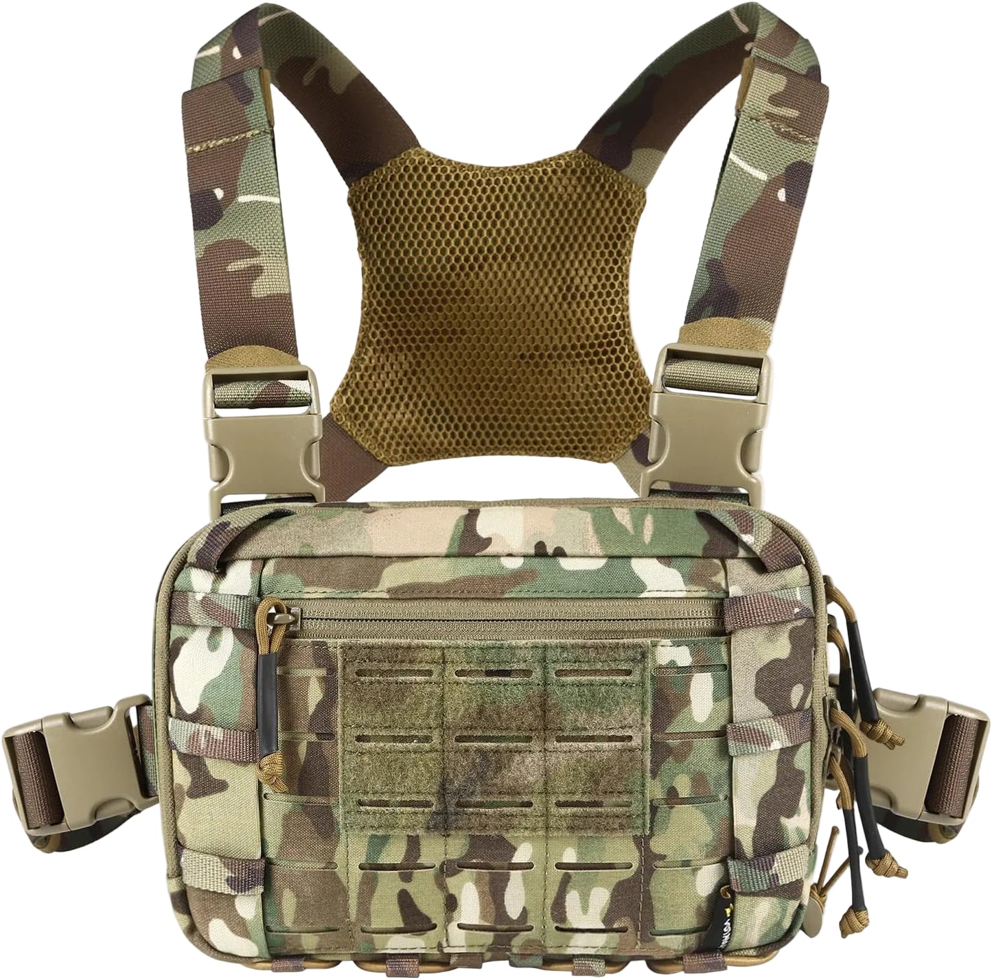 Camouflage tactical vest with multiple pockets and straps on a white background