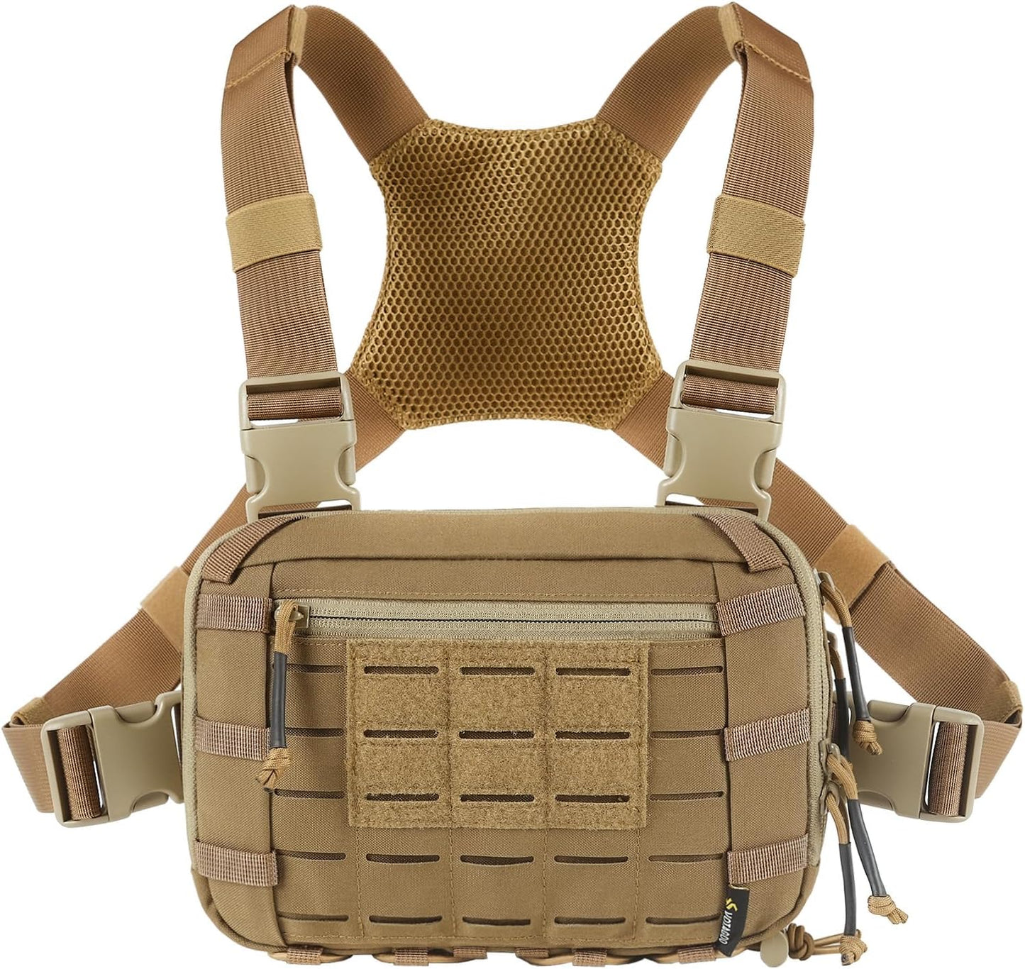 Tan tactical vest with multiple pouches and straps on a white background