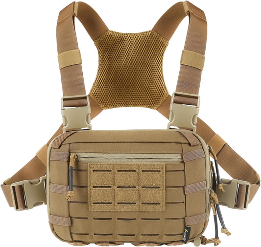 Tan tactical vest with multiple pouches and straps on a white background