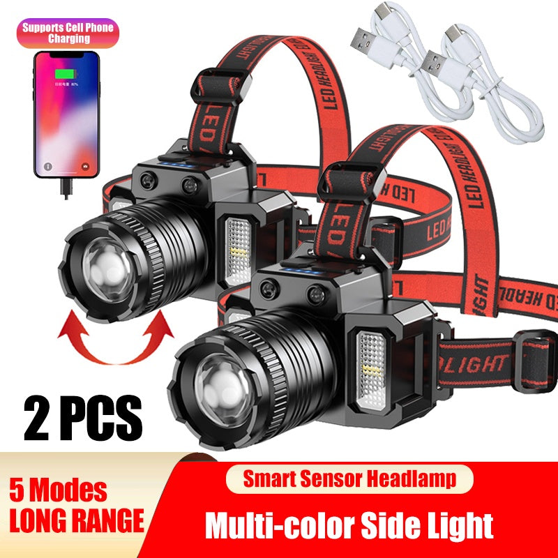 Tactical LED Headlamp - Rechargeable Motion Sensor Headlight with Power Bank & 5 Modes