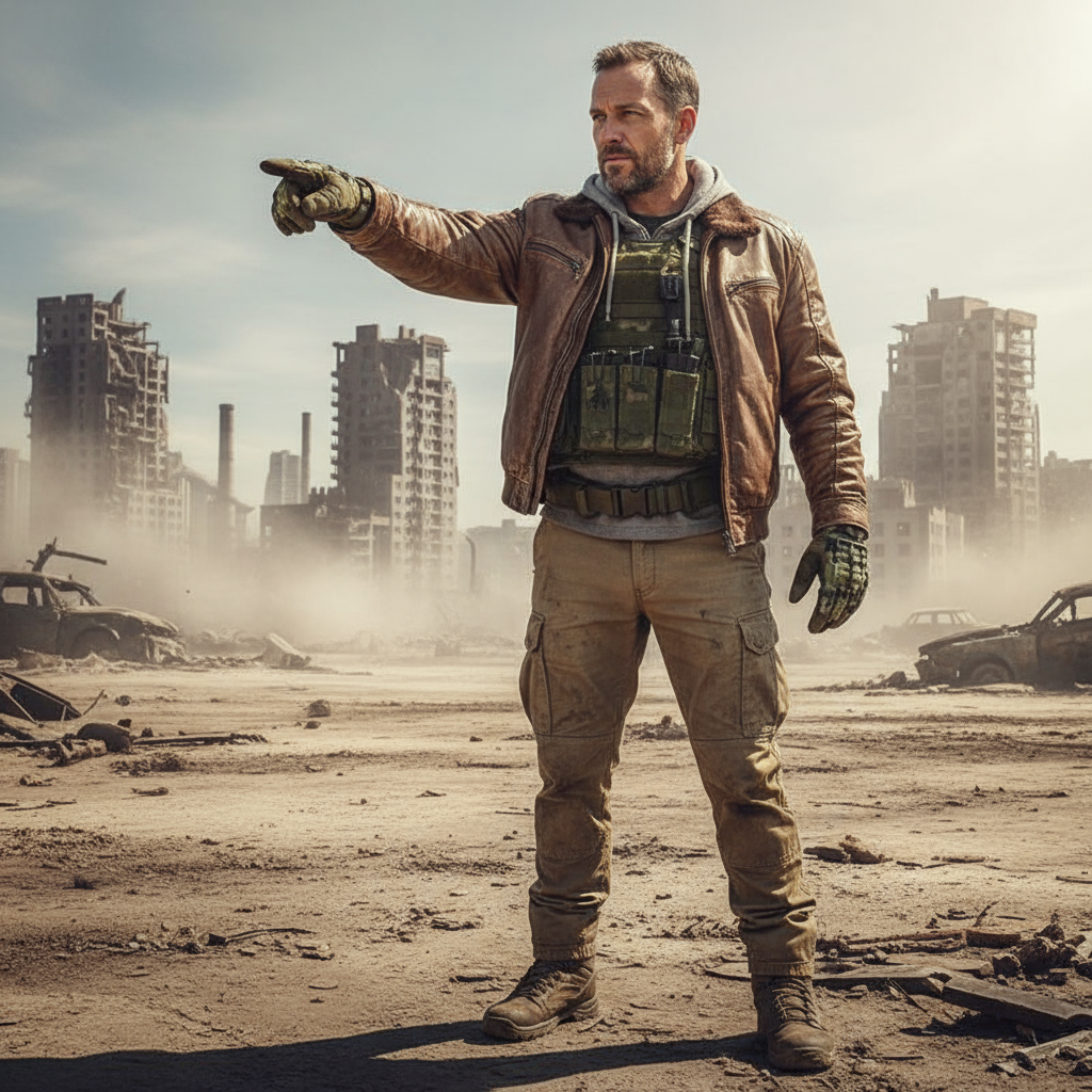 Survivor pointing in apocalyptic landscape