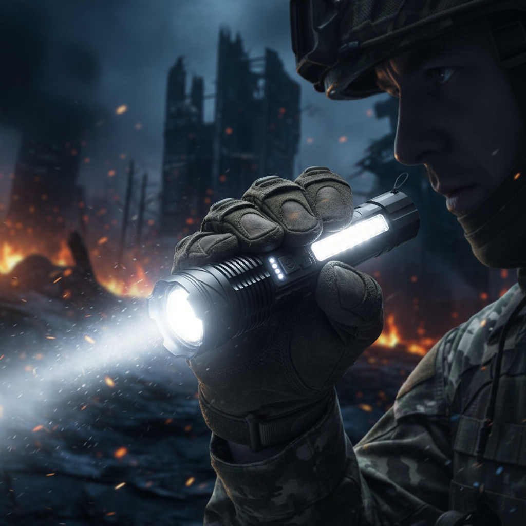 Tactical Flashlight - Soldier in Apocalyptic Scene